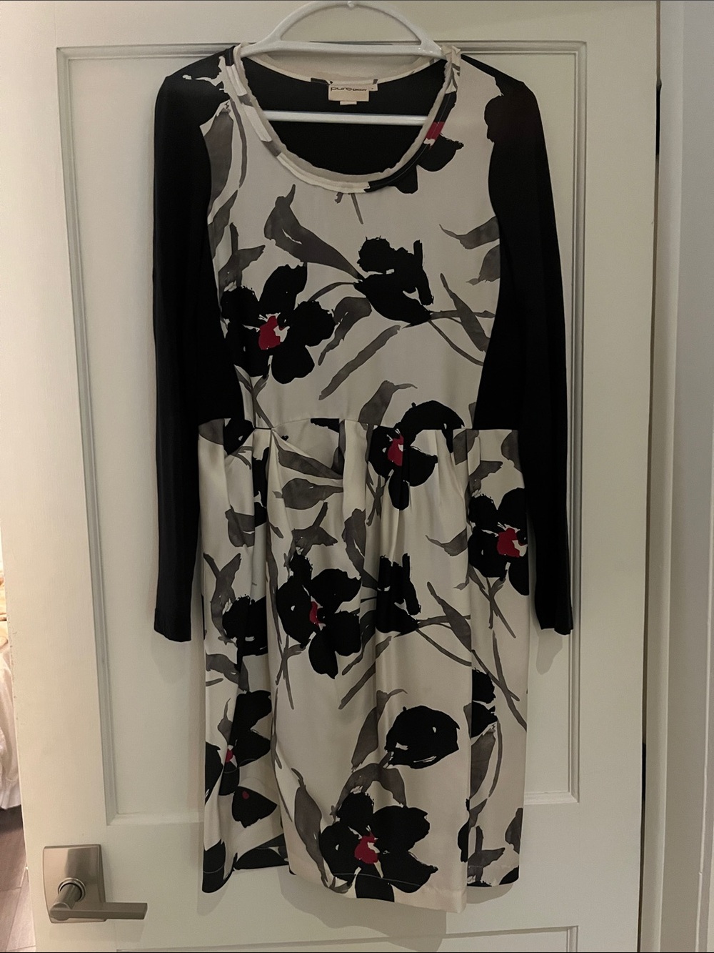 DKNY Black & White Floral Long-Sleeve Dress with Red Accents